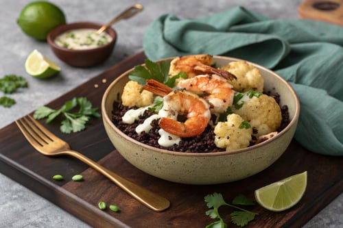 Grilled Shrimp with Black Rice and Coconut Sauce
