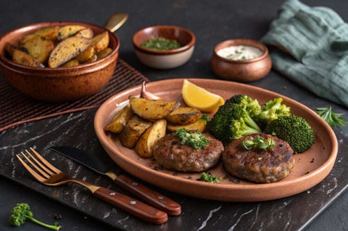 Herb Beef Patties with Garlic Lemon Broccoli and Potato Wedges