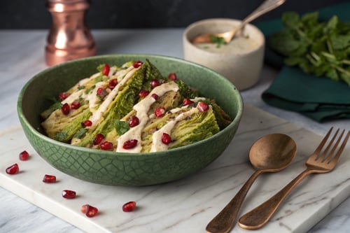 Crispy Cabbage with Tahini Dressing & Pomegranate